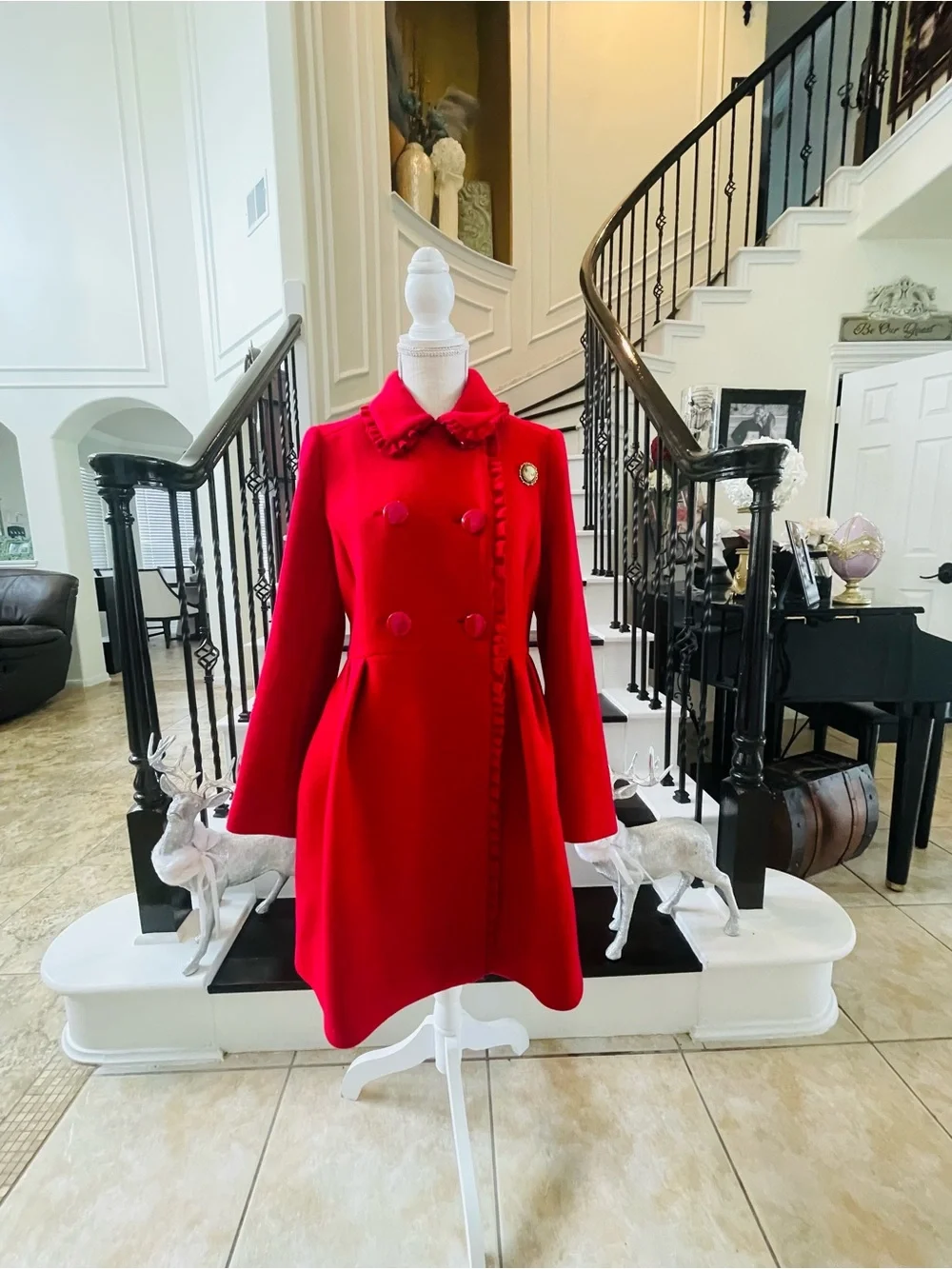 Kate Spade New York RUFFLE TRIM BOW BACK COAT IN CHARM RED